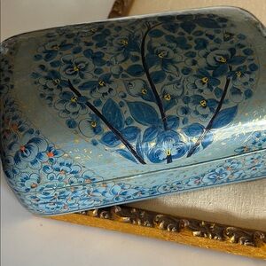 Blue Floral Laquer Box with Gold Accents